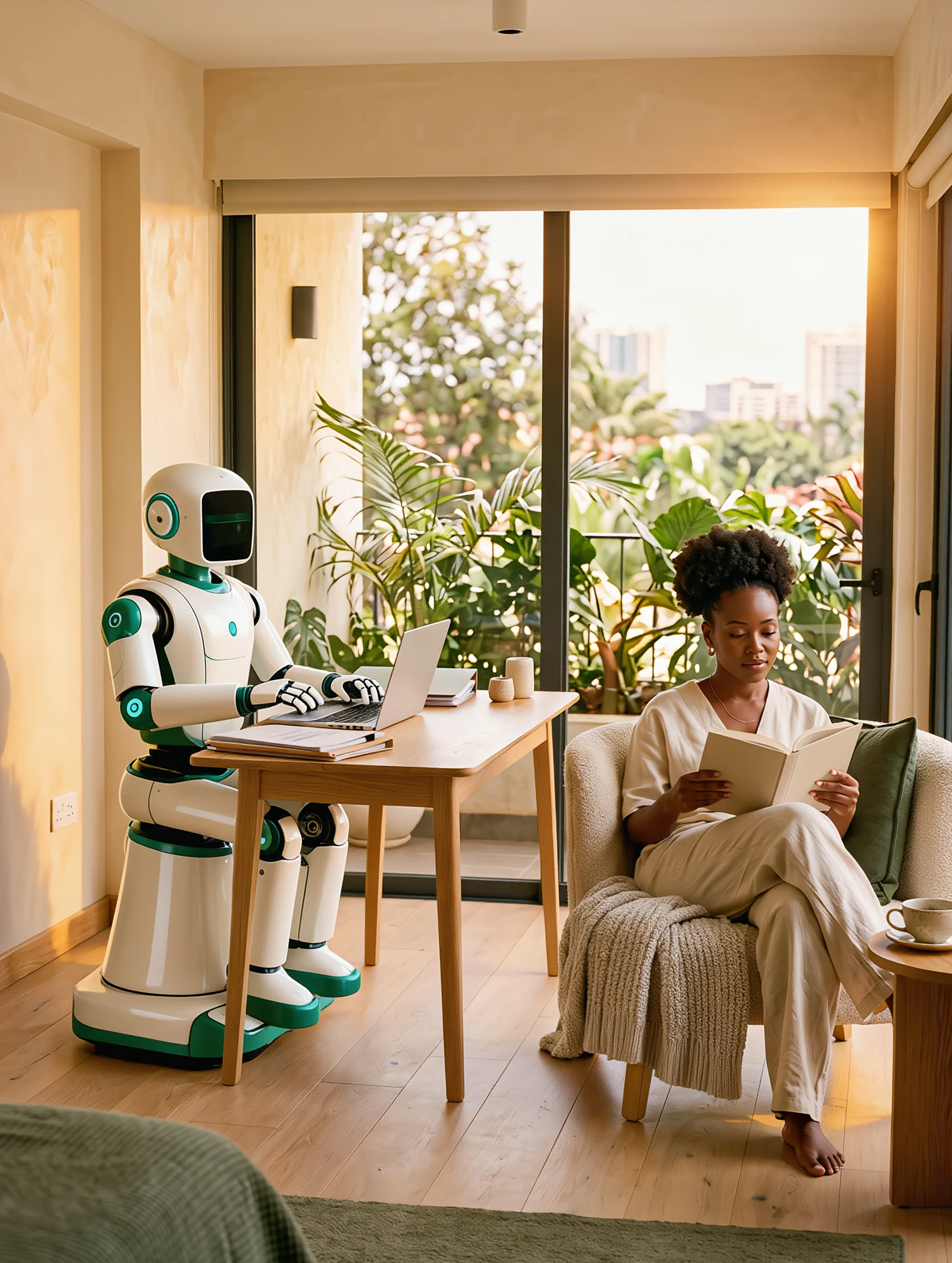 A friendly robot works at a laptop while a person relaxes with a book in a warm, sunlit home