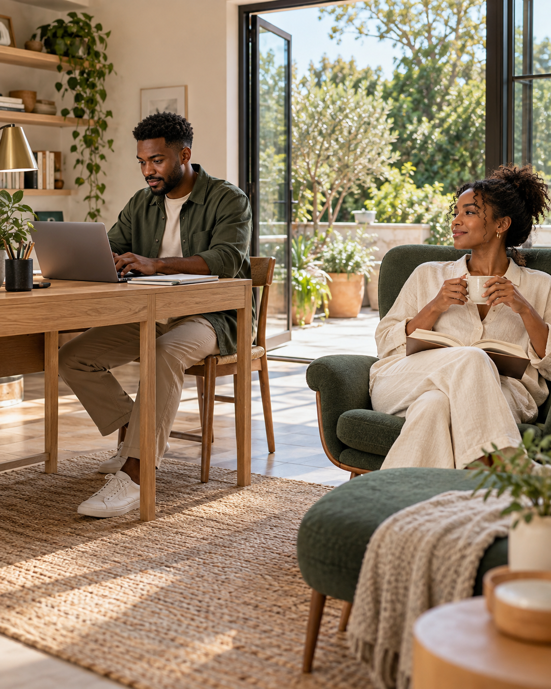An assistant works at a laptop while the task owner relaxes nearby with a cup of tea and a book